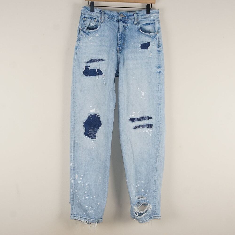 Zara Mid Rise Loose Straight Paint Splatter Destroyed Blue Jeans Sz 6